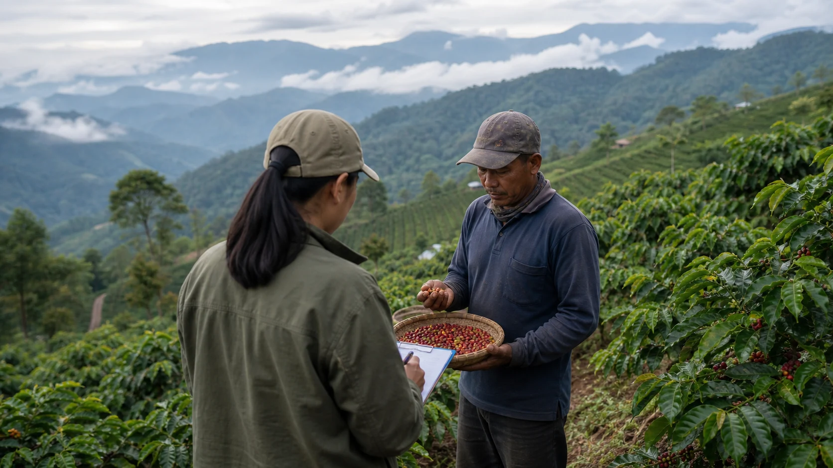 Indonesian farmers walking through coffee and tea fields at sunrise